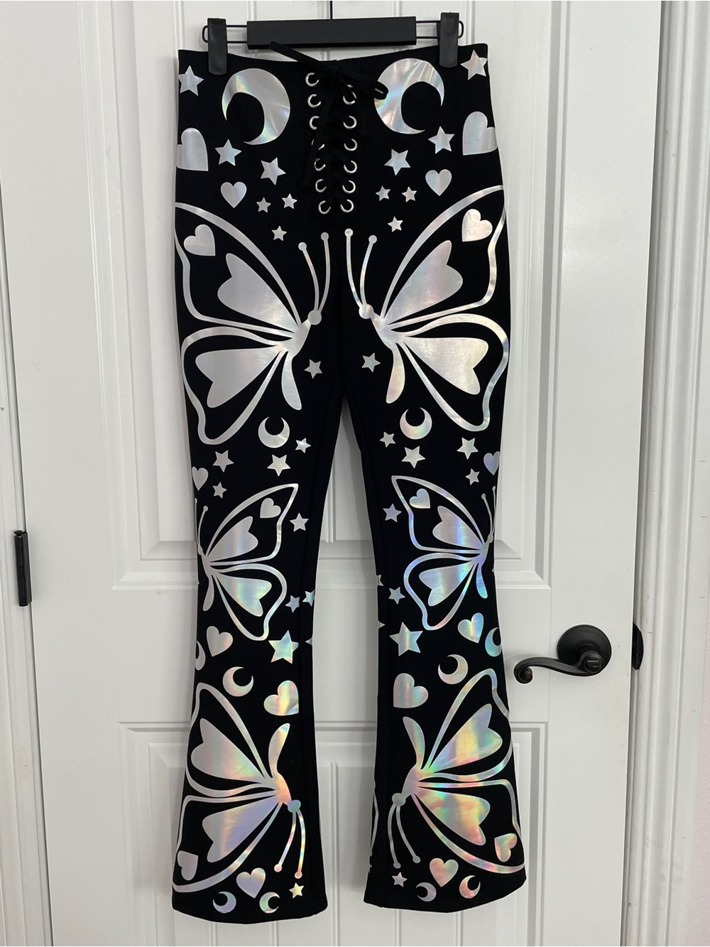 Club Exx Black Holographic Butterfly & Celestial Flare Rave Pants Size Small